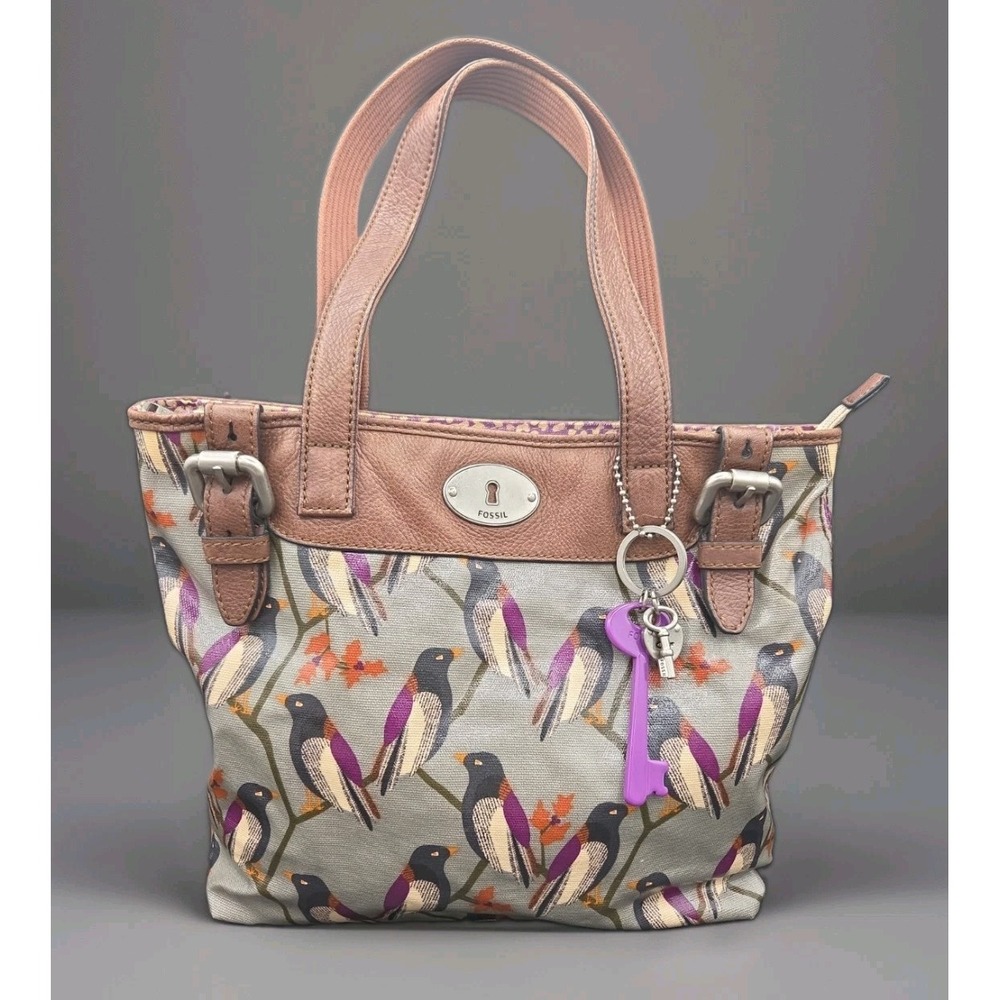 Fossil Key-Per Bird Print Coated Canvas Tote Bag Purse ZB5126 Purple Key Charm